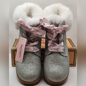 Juicy Couture WomensHawthorne Hiker glitter shimmer silver lace-up boots Size 5M